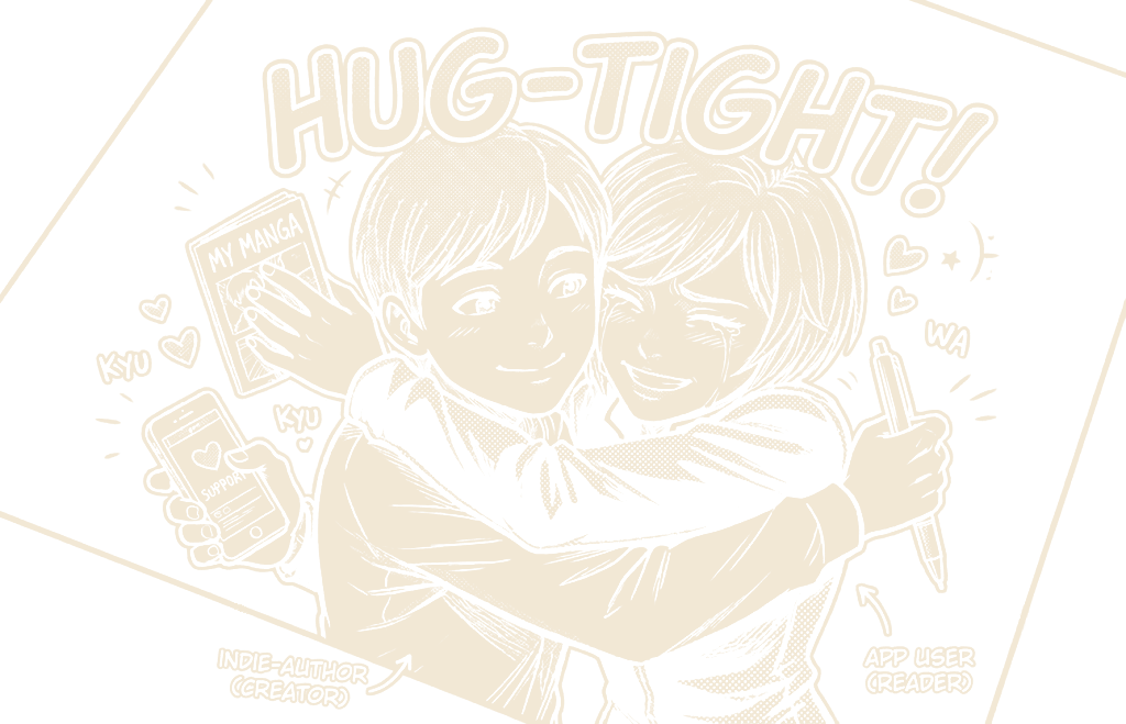 Original SystemFit illustration, "Hug-Tight!": an indie author and an app user hugging — he holds up his manga and a phone showing reader support, she holds his pen. Cream line art.