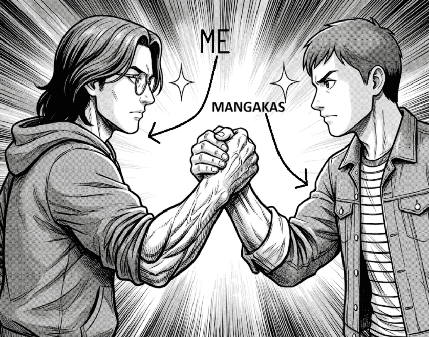 Manga panel of the founder and a mangaka gripping hands, labelled ME and MANGAKAS.